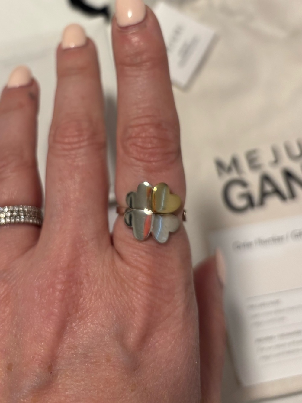 Mejuri GANNI Two-Tone Clover Flower Ring in Silver and Gold